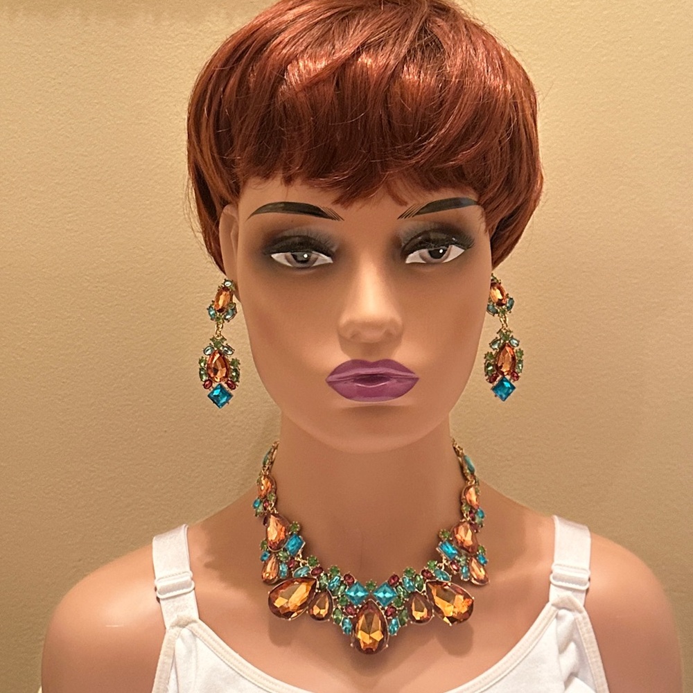 Multicolor Crystal Statement Necklace and Earring Set